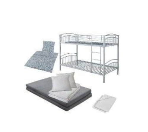 Bett Komplettset mit cyanblauer Bettwäsche, einem Etagenbett aus Metall, Matratzen, Bettwäsche und Spannbettlaken